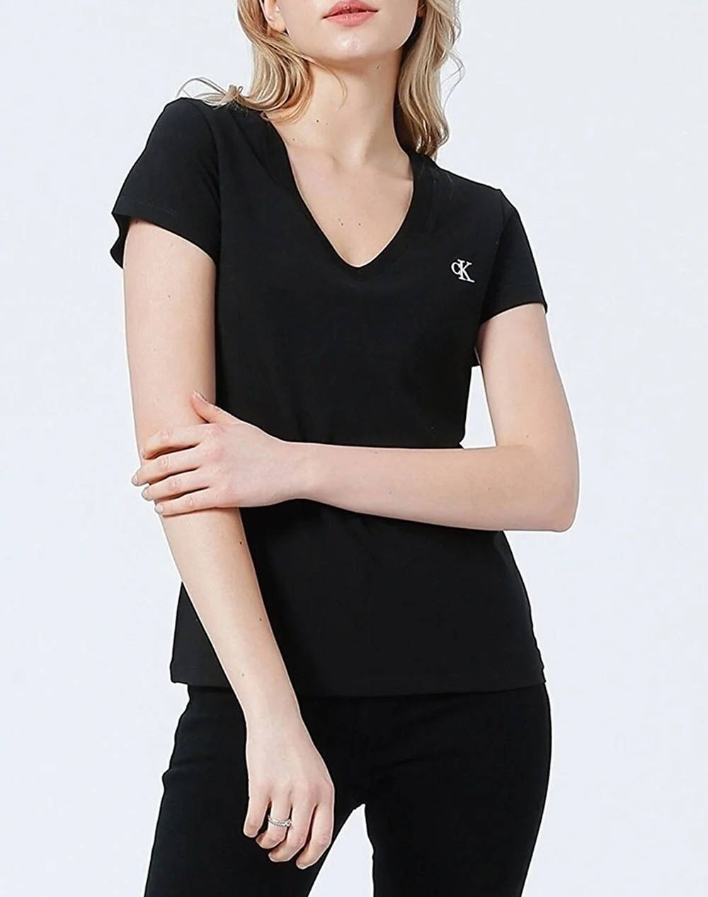 Calvin Klein Ck Embroidery Stretch V Neck Women Clothes Tops T Shirts Black Cotton,Elastic J20J213716 Bae Female T-Shirts Black