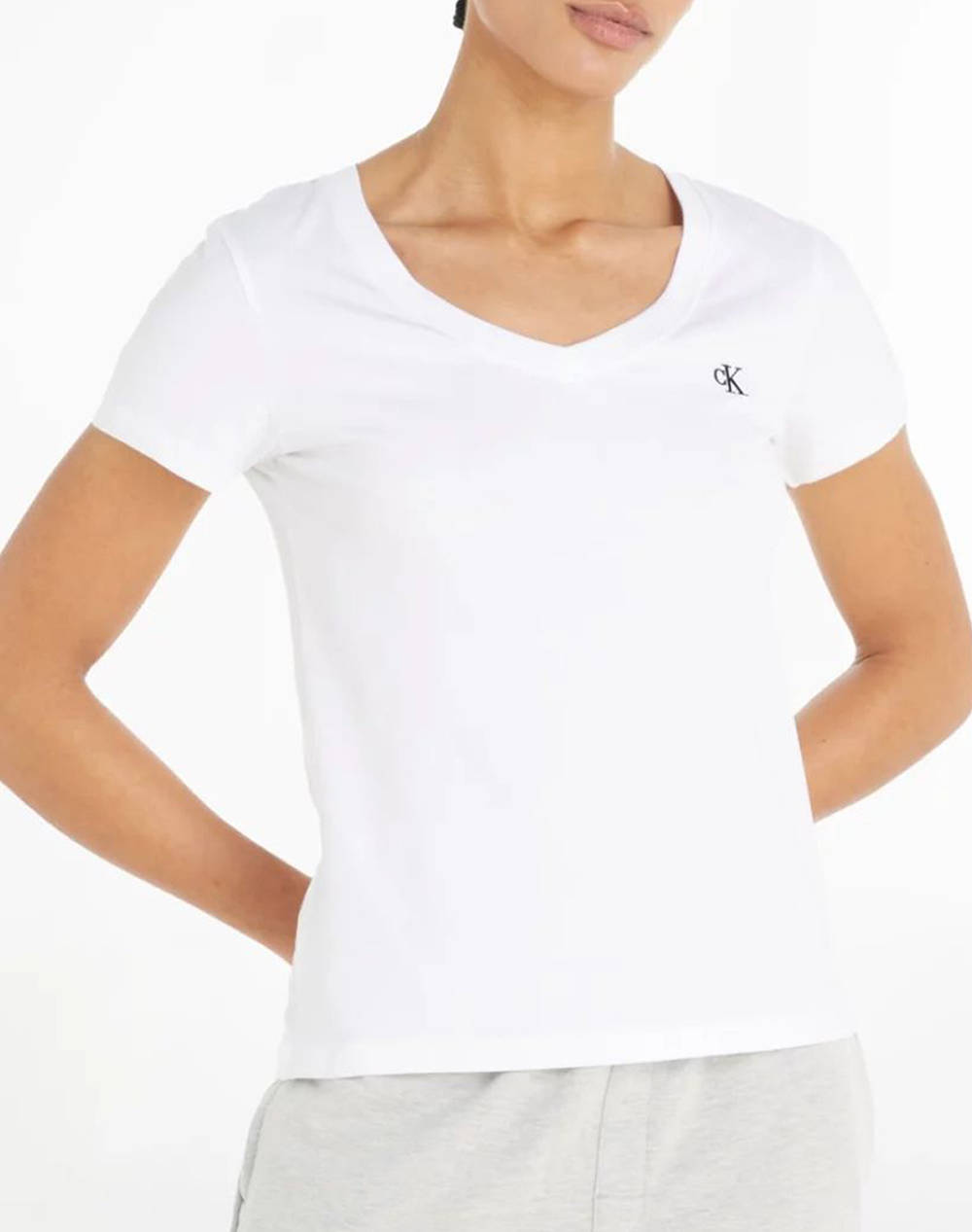 Calvin Klein Ck Embroidery Stretch V Neck Women Clothes Tops T Shirts White Cotton,Elastic J20J213716 Yaf Female T-Shirts