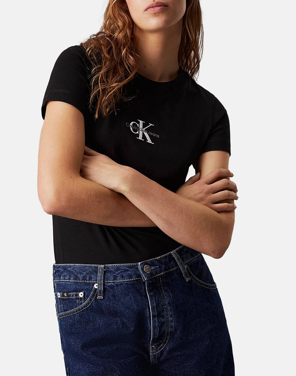 Calvin Klein Monologo Slim Tee Women Clothes Tops T Shirts Black Cotton J20J223563 Beh Female T-Shirts Black
