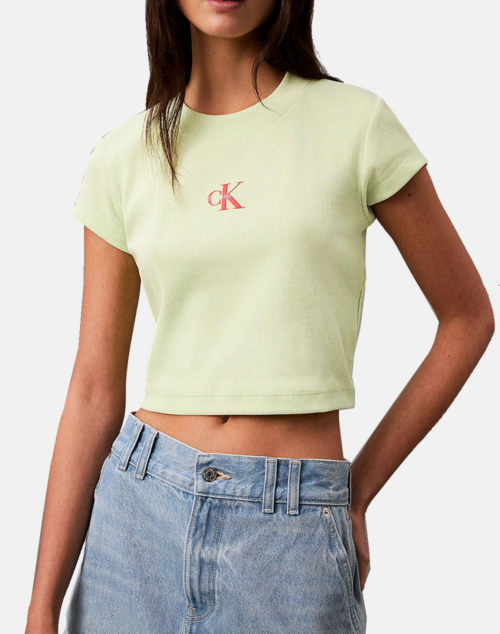 Calvin Klein Jeans Monogram Baby Tee Women Clothes Tops T Shirts Lightgreen Cotton,Elastic Lv047Ab802 64O Female T-Shirts Green
