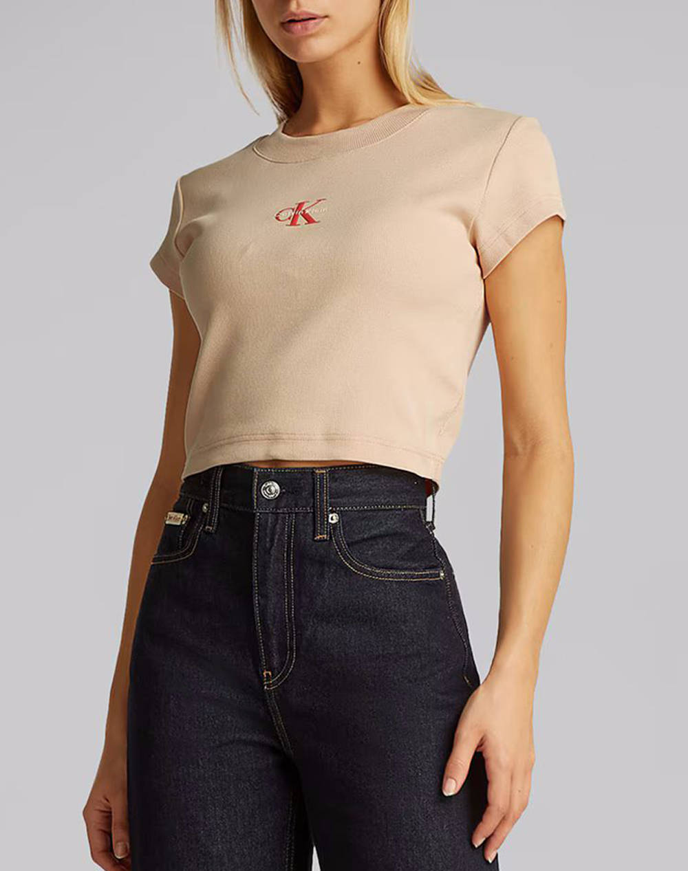 Calvin Klein Jeans Monogram Baby Tee Women Clothes Tops T Shirts Lightpink Cotton,Elastic Lv047Ab802 Rm7 Female T-Shirts