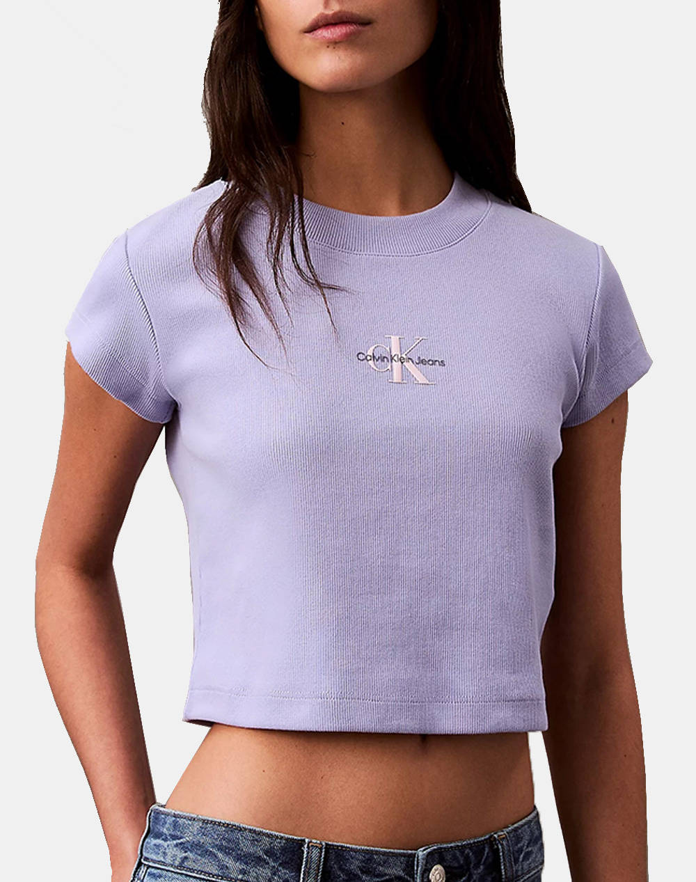 Calvin Klein Jeans Monogram Baby Tee Women Clothes Tops T Shirts Lilac Cotton,Elastic Lv047Ab802 Vhp Female T-Shirts
