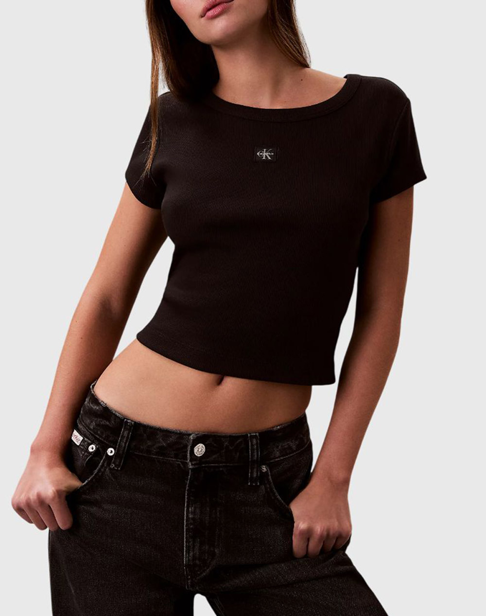 Calvin Klein Jeans A Woven Label 2X2 Rib Baby Tee Γυναικα Ρουχα Μπλουζες Τ Shirt Black Βαμβακι,Με Ελασταν Lv047c200g Ub1 - Koolfly