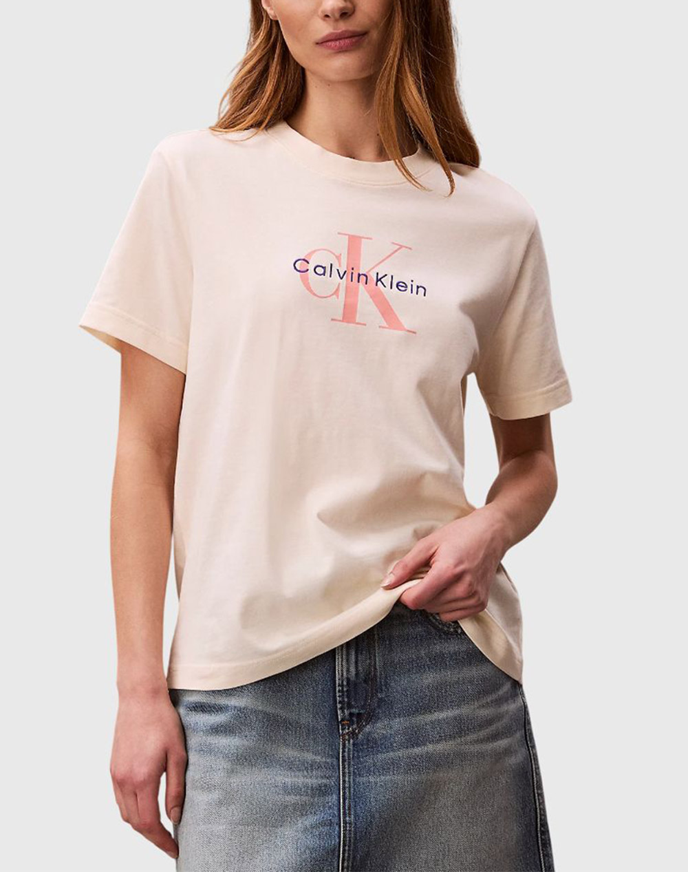 Calvin Klein Jeans Hr Ss Clssc Mnlg Cnc Γυναικα Ρουχα Μπλουζες Τ Shirt Cream Βαμβακι Lv047b865g F7j - Koolfly