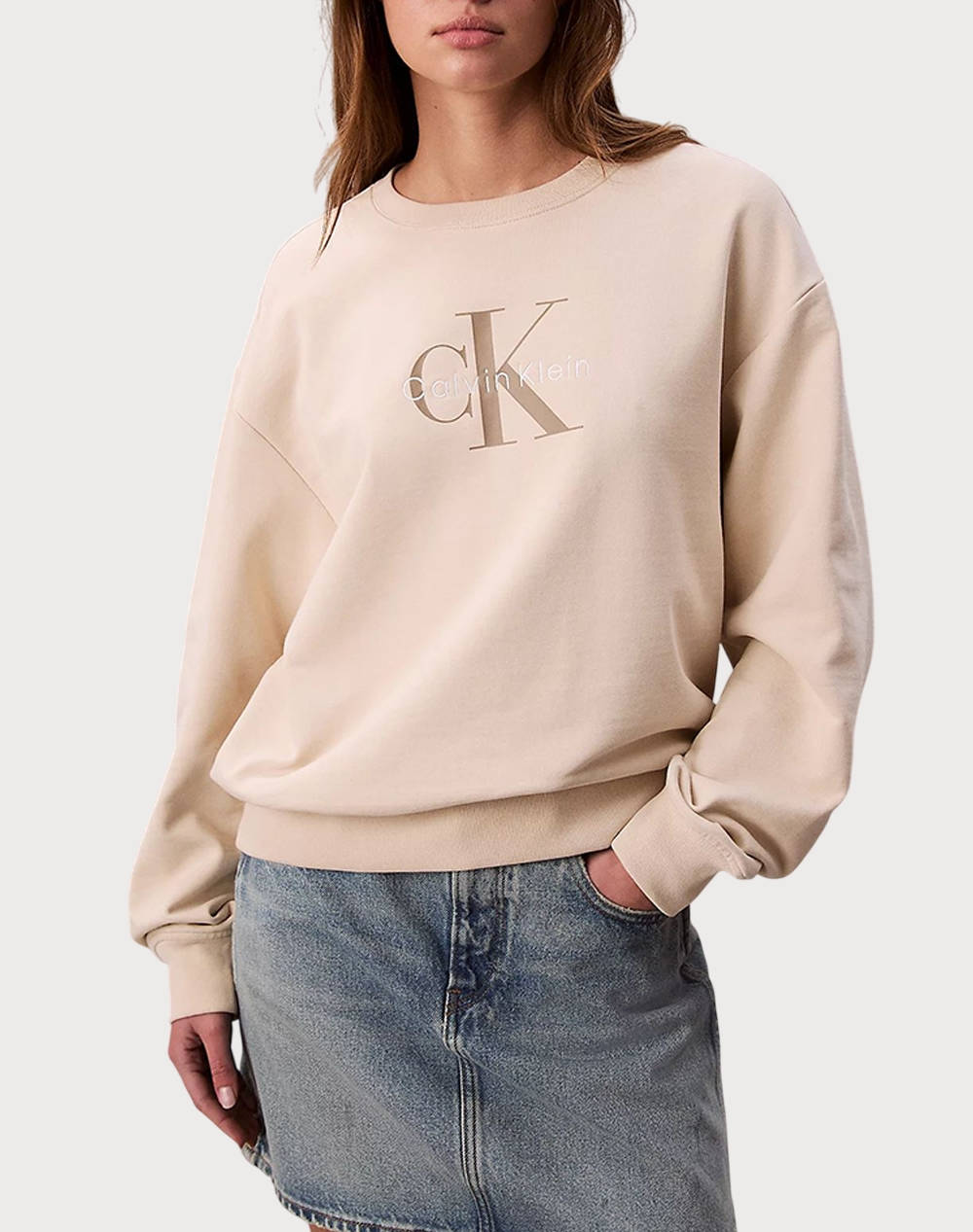 Calvin Klein Jeans Ls Monologo French Terry Rlxd Cn Women Clothes Tops Sweatshirts Biege Cotton,Synthetic Lv047B234G Acg Female Sweatshirts Biege