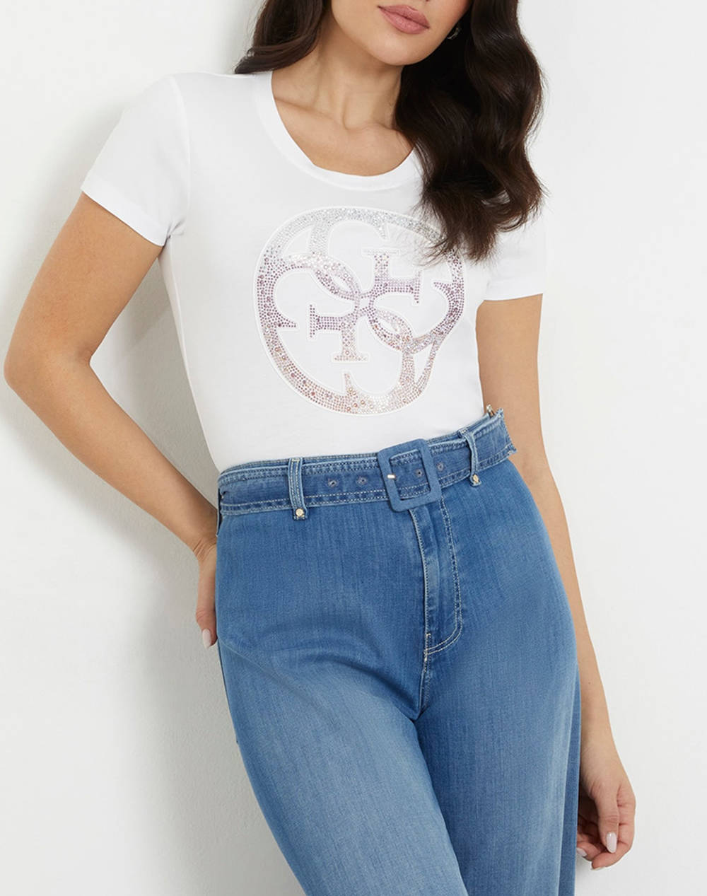 Guess Ss Cn 4G Logo Tee Women Women Clothes Tops T Shirts White Cotton,Elastic W4Gi29J1314 G011 Female T-Shirts