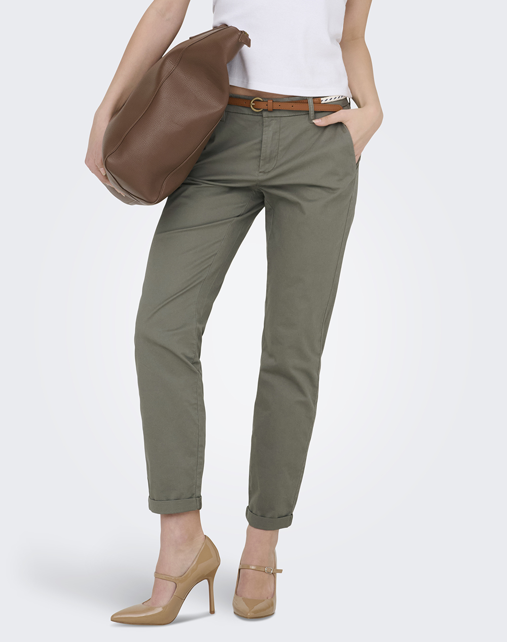 Only Onlbiana Mw Cotton Belt Chino Pnt Noos Γυναικα Ρουχα Παντελονια Chinos Olive Βαμβακιμε Ελασταν 15218519 Smokey Olive