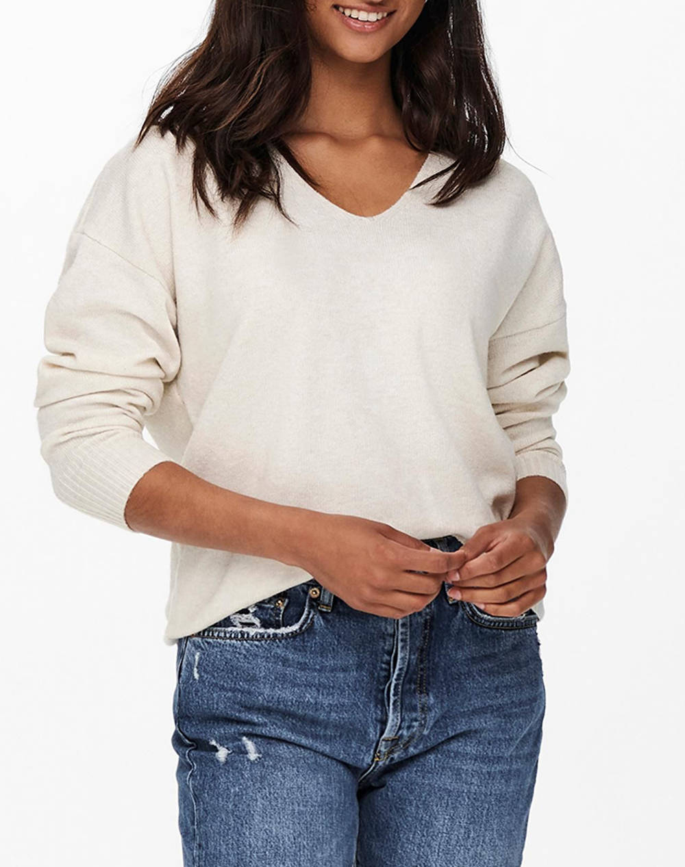 Only Onlrica Life V Neck Pullo Knt Noos Women Clothes Tops Knits Ivory Elastic,Synthetic 15224360 Birch Female Knits