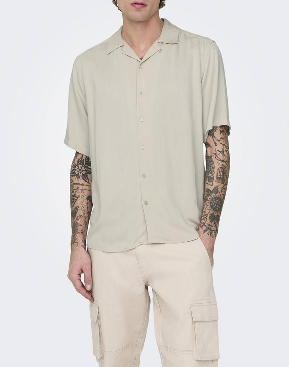 Only & Sons Onsdash Life Reg Res Ss 001 Shirt Noos Ανδρας Ρουχα Πουκαμισα Biege Βισκοζ 22024164 Silver Lining - Koolfly