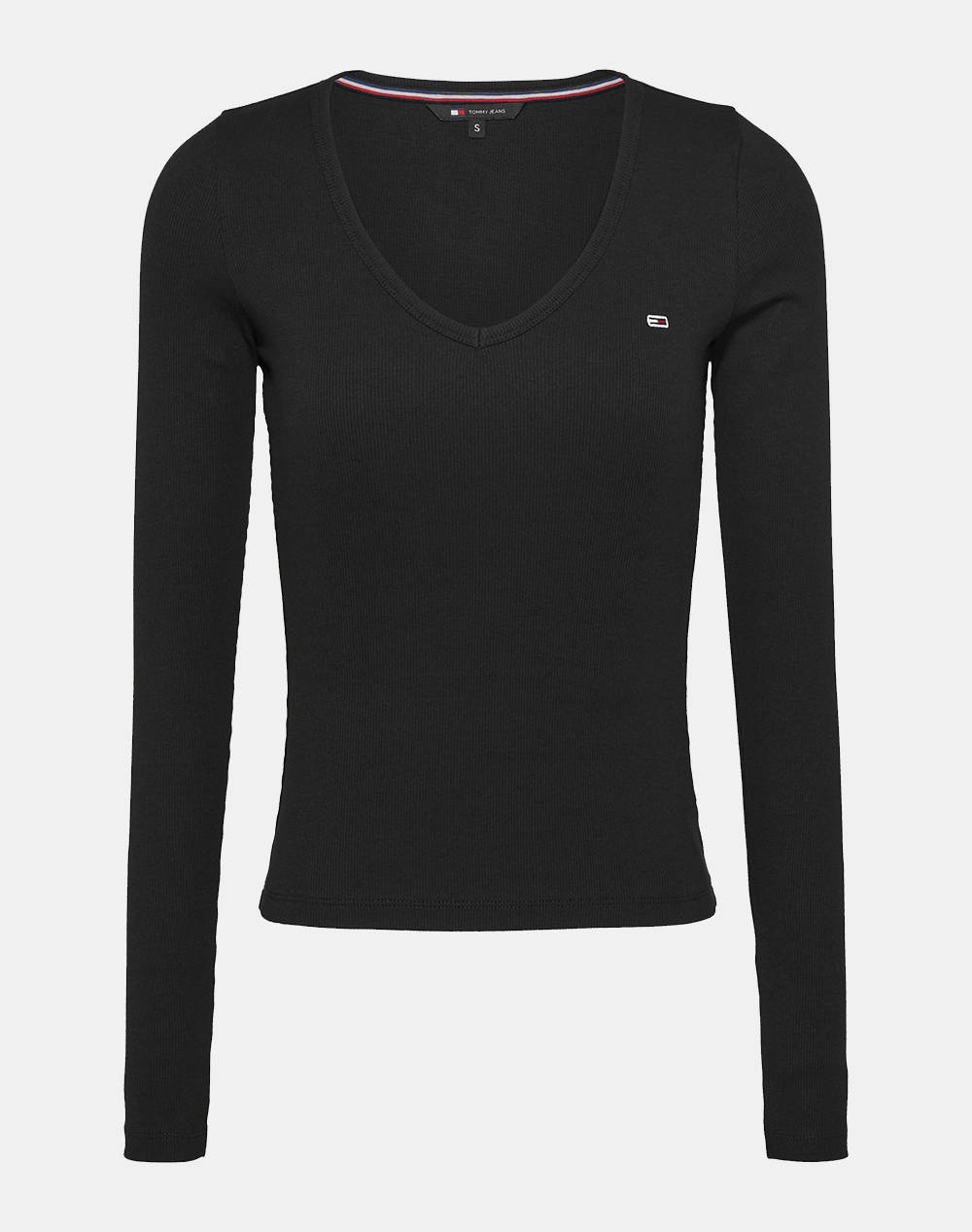 Tommy Jeans Tjw Slim Essential Rib V Ls Women Clothes Tops T Shirts Black Cotton,Elastic Dw0Dw17990 Bds Female T-Shirts Black
