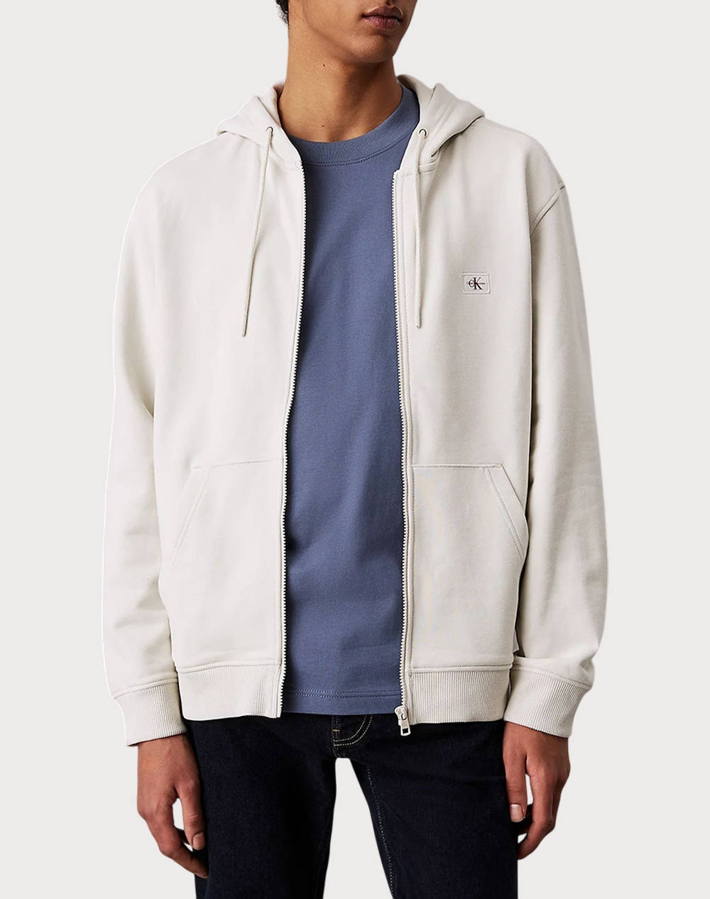 Calvin Klein Jeans Woven Label Zip Through Hoodie Men Clothes Jackets Zip Through Hoodies Offwhite Cotton J30J326858 Cjh Male Zip Through Hoodies