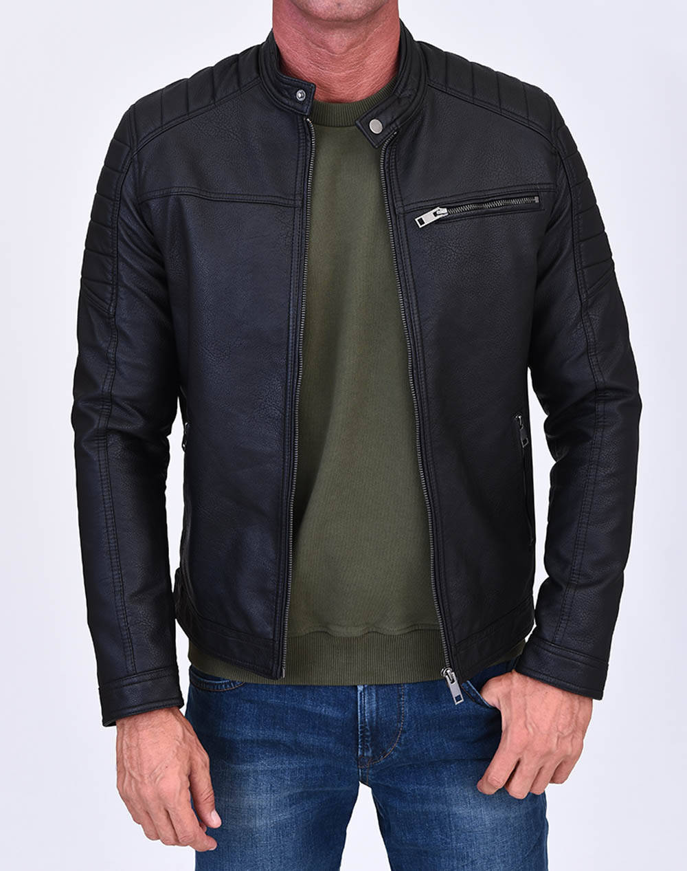 Jack Jones Μπουφαν Jacket Jcorocky Ανδρας Ρουχα Πανωφορια Μπουφαν Black Απομιμηση Δερματοςσυνθετικο 12147218 Bla
