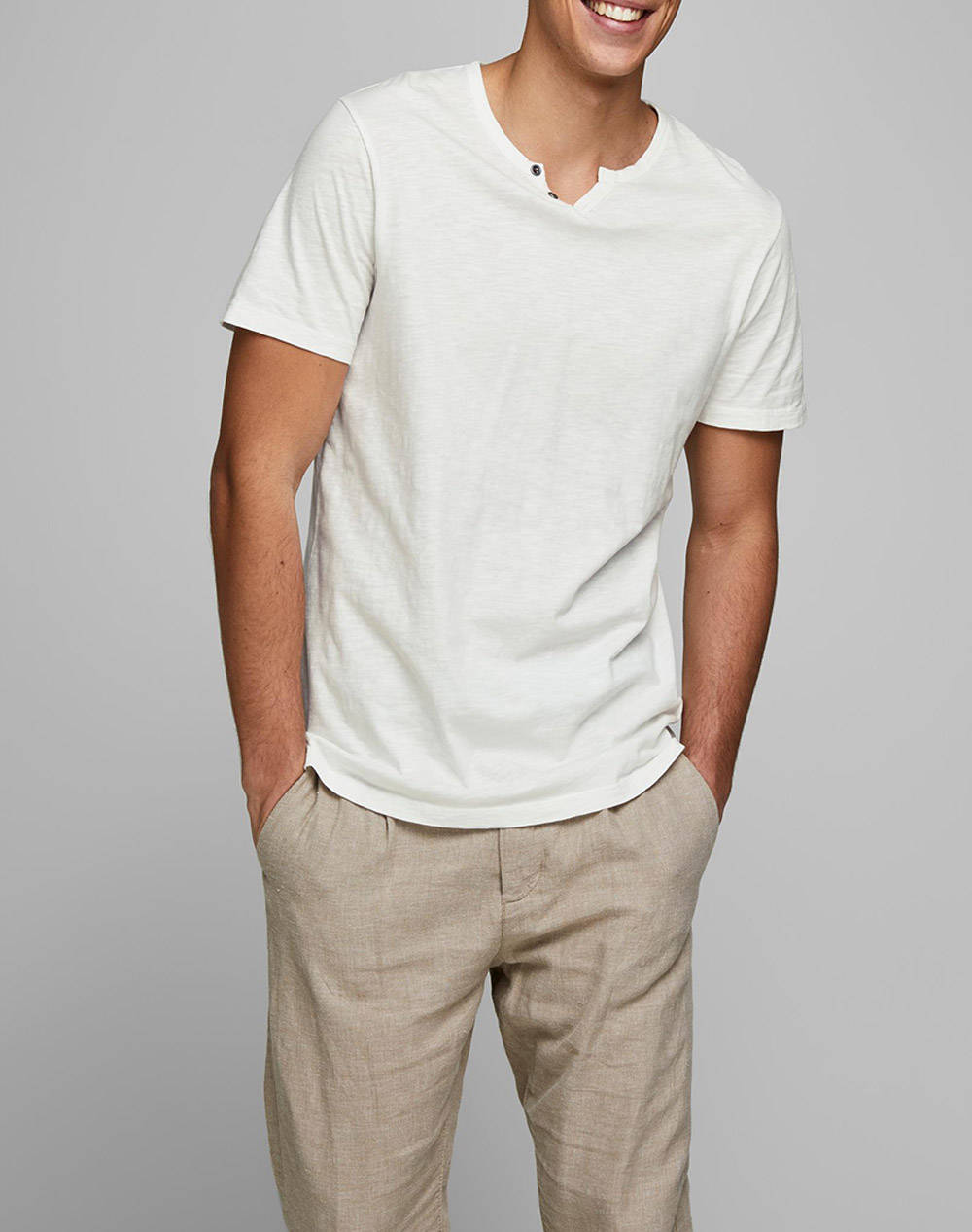 Jack&Jones Jjesplit Neck Tee Ανδρας Ρουχα Μπλουζες T Shirt Offwhite Βαμβακι 12164972 Cloud Dancer