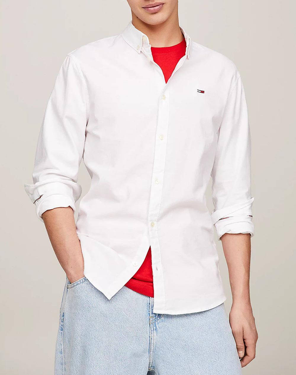 Tommy Jeans Tjm Slim Stretch Oxford Shirt Ανδρας Ρουχα Πουκαμισα White Βαμβακιμε Ελασταν Dm0Dm09594 Ybr
