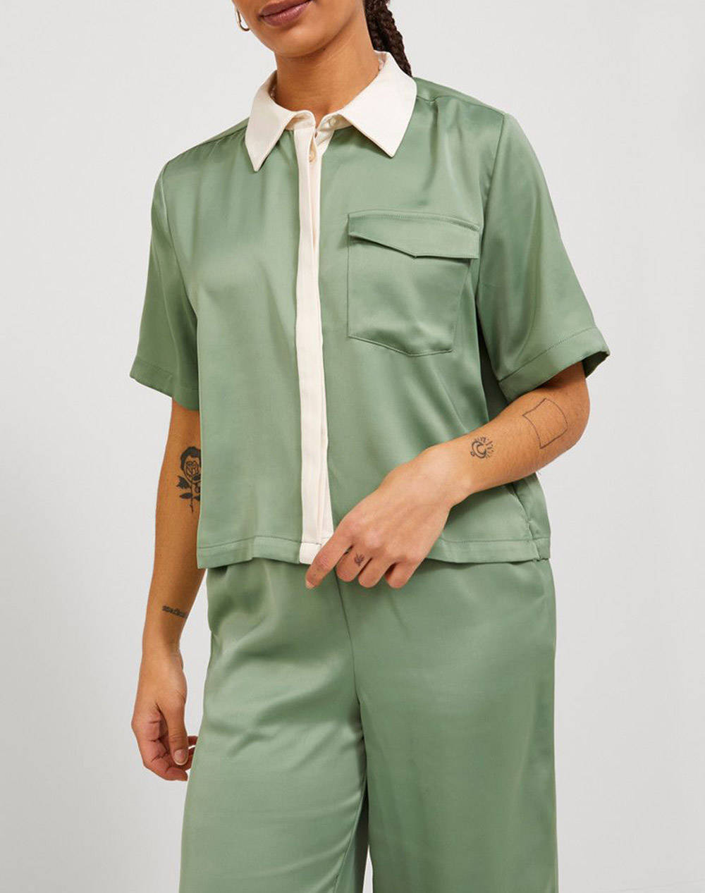 Jjxx Jxlark Short Satin Ss Shirt Wvn Sn Women Clothes Shirts Mintgreen Synthetic 12224945 Loden Frost Female Shirts Green