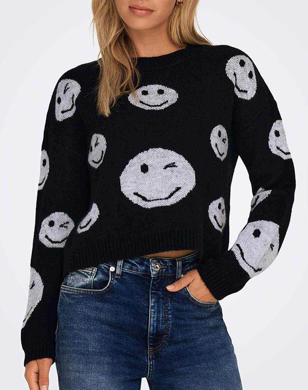 Only Onlwink O Neck Knt Women Clothes Tops Knits Black Synthetic 15306889 Blackcloud Dancer Smiley Female Knits Black