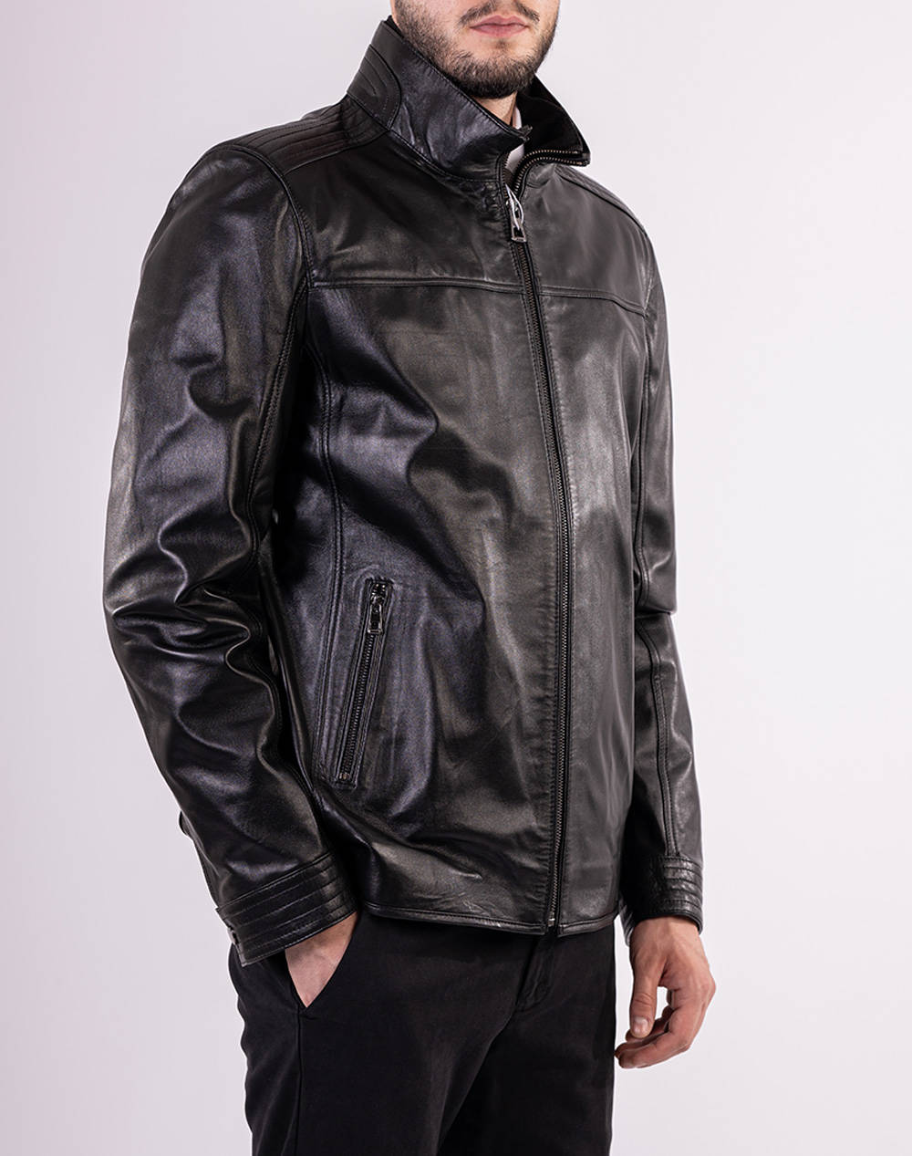 Lexton Biker Jacket Men Clothes Outerwear Jackets Black Leather 38.32 Mile Black Male Jackets Black