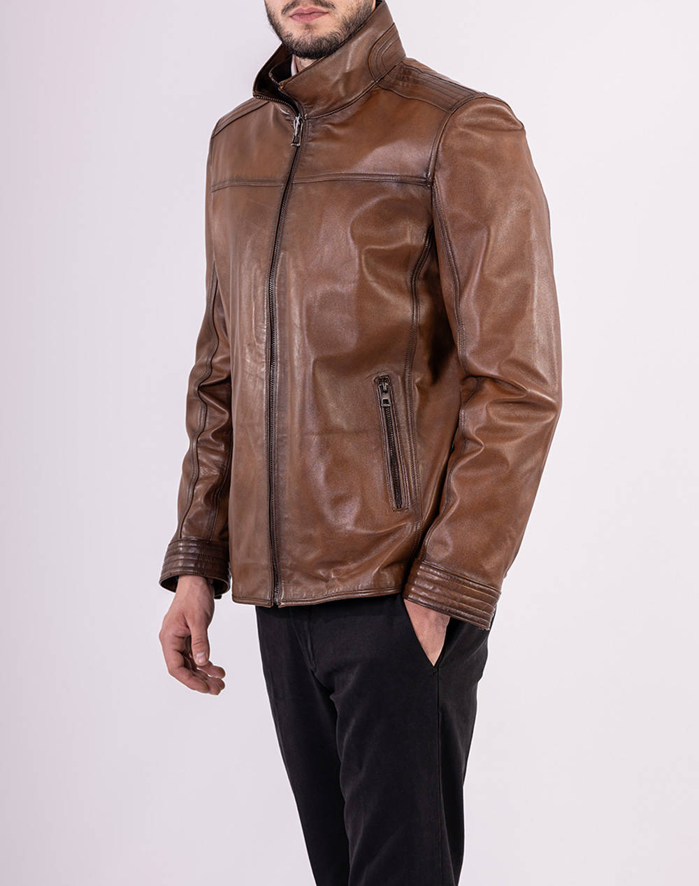 Lexton Biker Jacket Men Clothes Outerwear Jackets Brown Leather 38.32 Mile Tabaq Male Jackets Brown