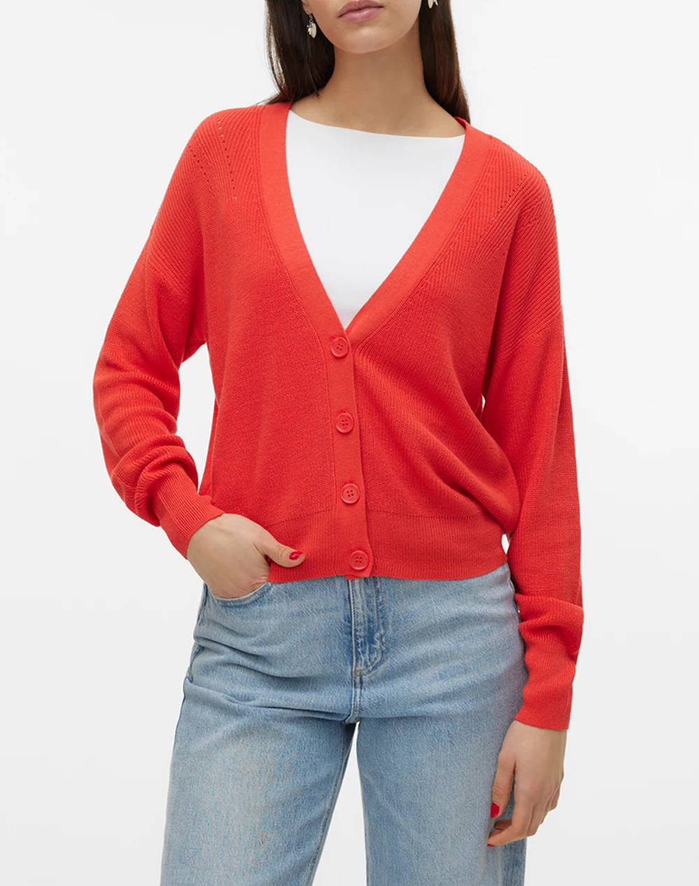 Vero Moda Vmnewlexsun Ls Short V Neck Car Ga Noos Women Clothes Tops Knits Red Woolen Mixture 10281878 Cayenne Female Knits