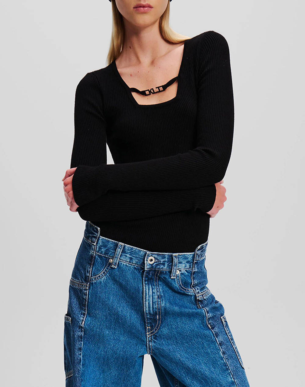 Karl Lagerfeld Jeans Klj Lslv Logo Knitted Top Women Clothes Tops Tops/Bodies Black Synthetic 246J2002 J101 Female Tops/Bodies Black