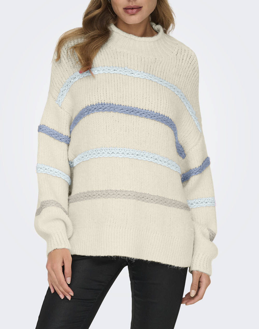 Only Onlmy Ls Stripe High Neck Knt Women Clothes Tops Knits Biege Synthetic 15334859 Birch Female Knits Biege