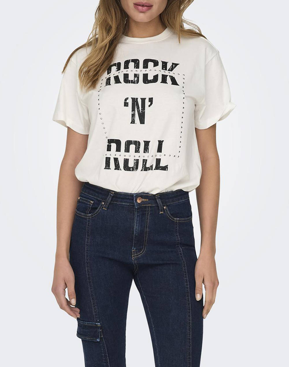 Only Onldolla Life S/S Studs Top Box Jrs Women Clothes Tops T Shirts Offwhite Cotton 15329971 Cloud Dancerrock Female T-Shirts