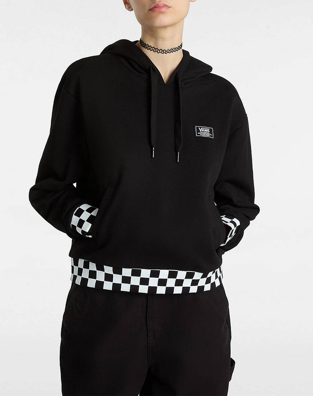 Vans Boom Boom Check Crop Ii Women Clothes Tops Sweatshirts Black Cotton Vn000Gj2Blk1 Vnblk Female Sweatshirts Black