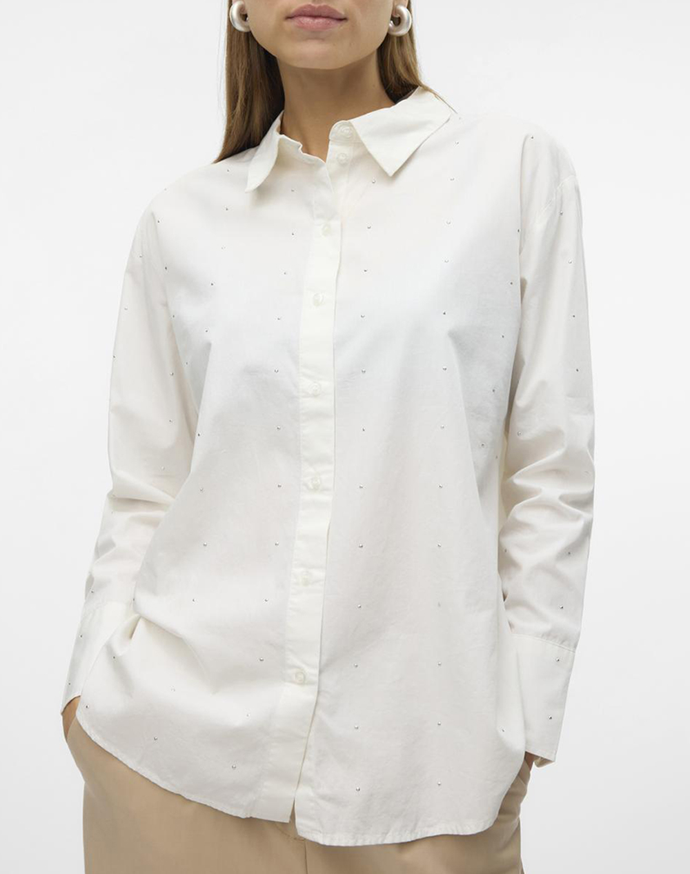 Vero Moda Vmcharlotte Stud Ls Shirt Wvn Ga Women Clothes Shirts White Cotton 10311071 Snow White Female Shirts