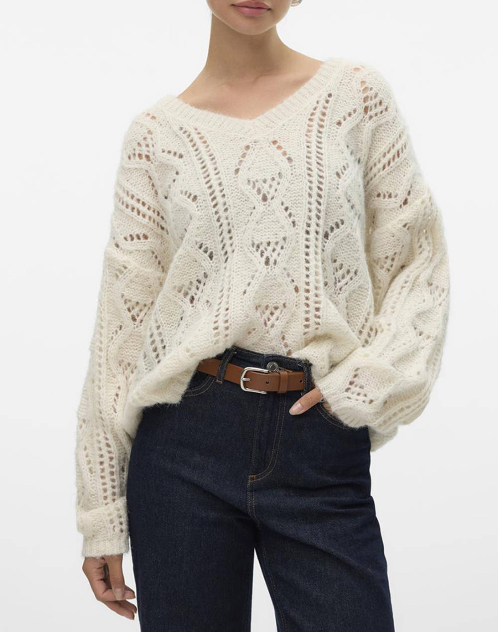 Vero Moda Vmnewerinstructure Ls V Nk Pullov Ga Boo Women Clothes Tops Knits Ivory Synthetic 10310642 Birch Female Knits