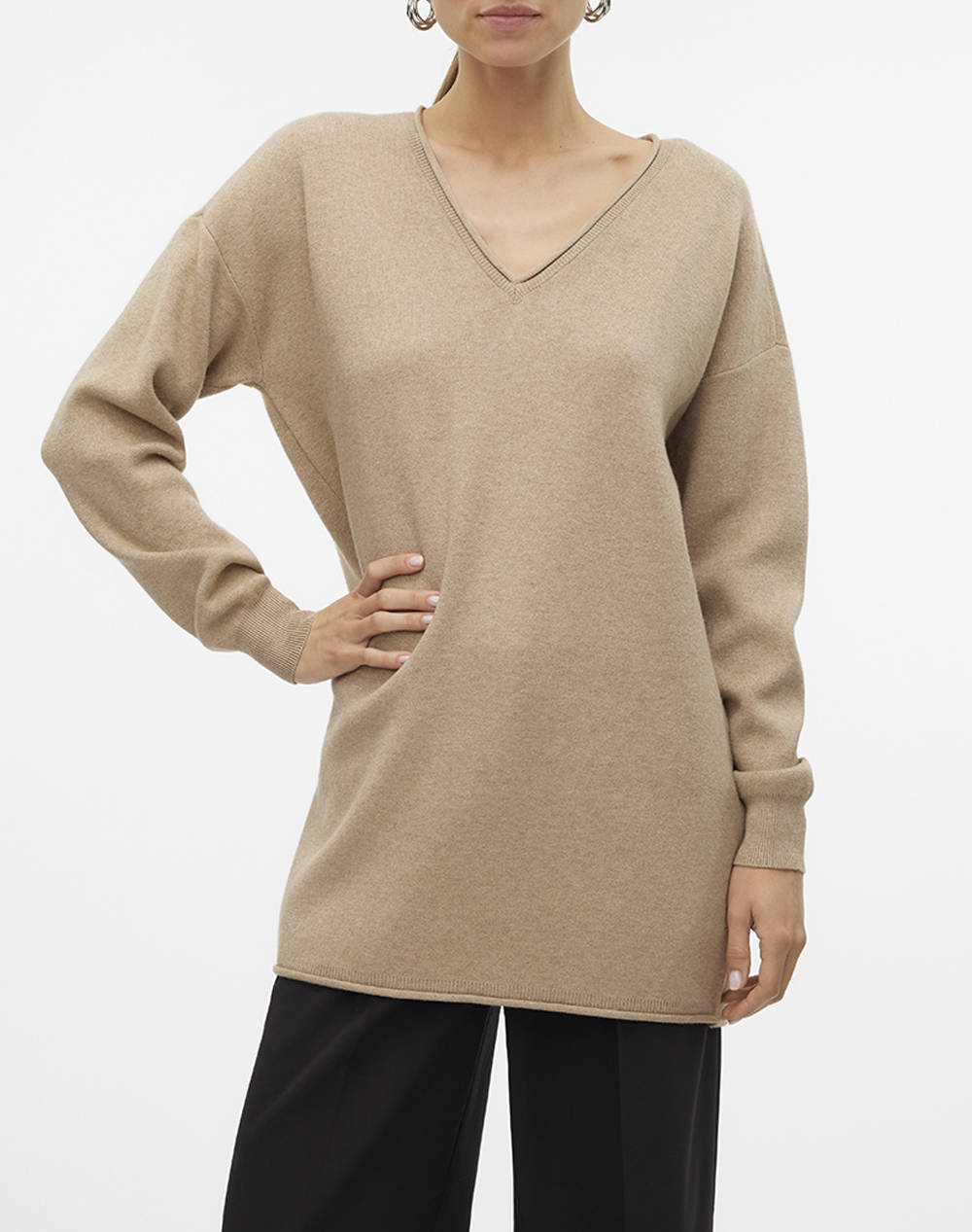 Vero Moda Vmgold Roll Ls Long V Neck Pullover Ga Women Clothes Tops Knits Sandybrown Viscose,Synthetic,Fabric 10311418 Silver Mink Female Knits Brown
