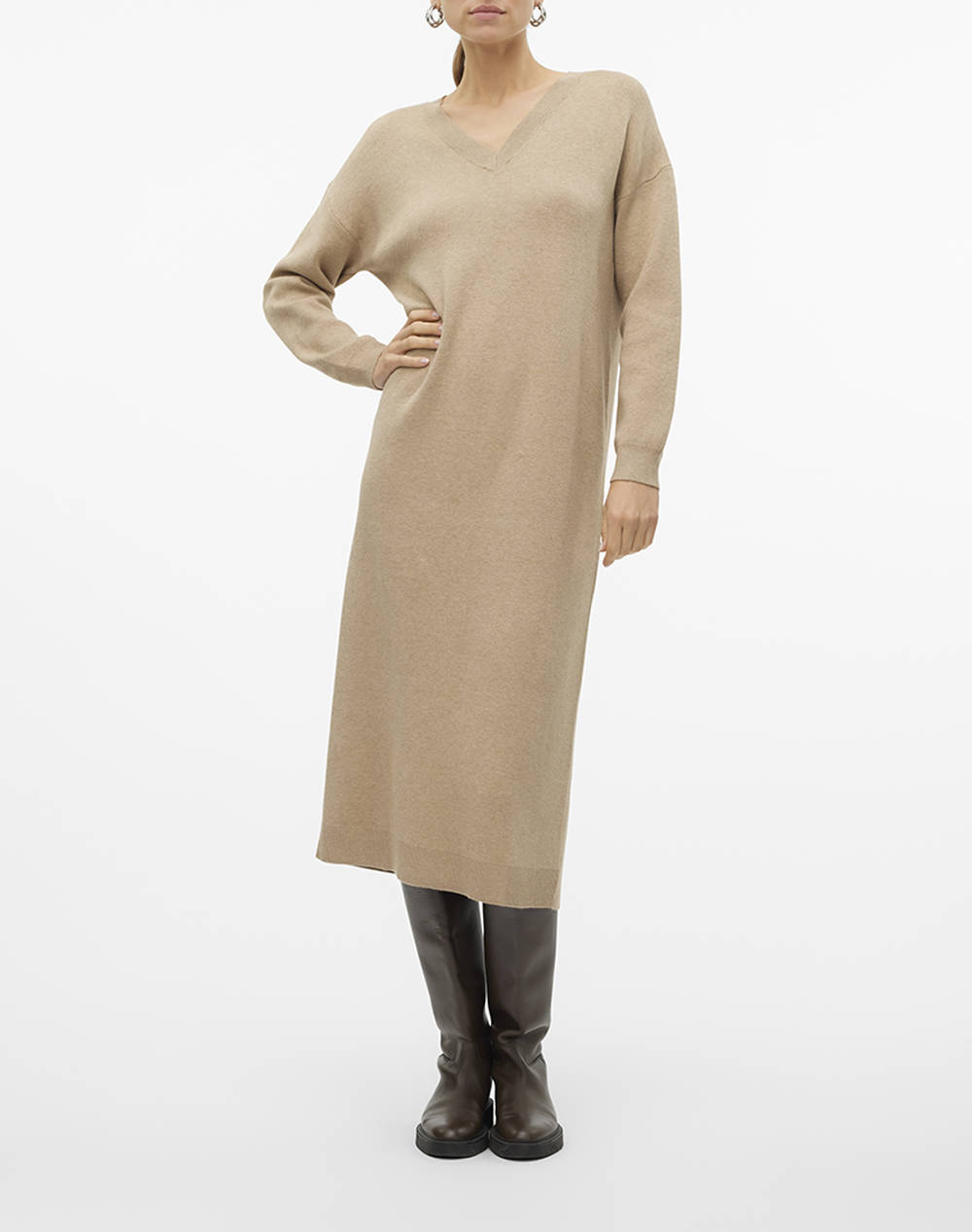 Vero Moda Vmgold Ls V Neck 7/8 Dress Ga Women Clothes Dresses Biege Viscose,Synthetic 10311413 Silver Minkw. Melange Female Dresses Biege