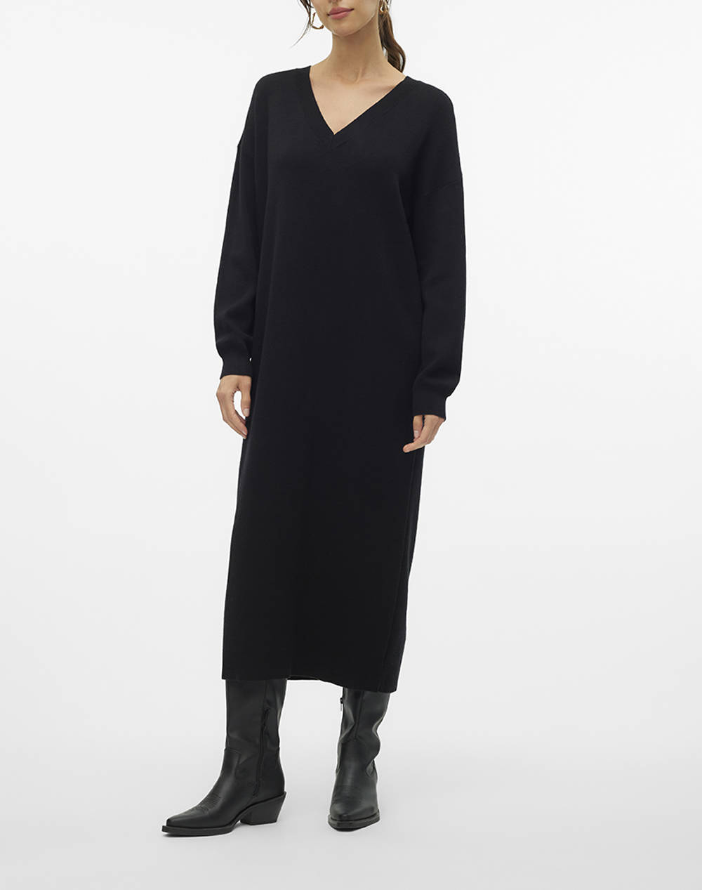 Vero Moda Vmgold Ls V Neck 7/8 Dress Ga Women Clothes Dresses Black Viscose,Synthetic 10311413 Black Female Dresses Black