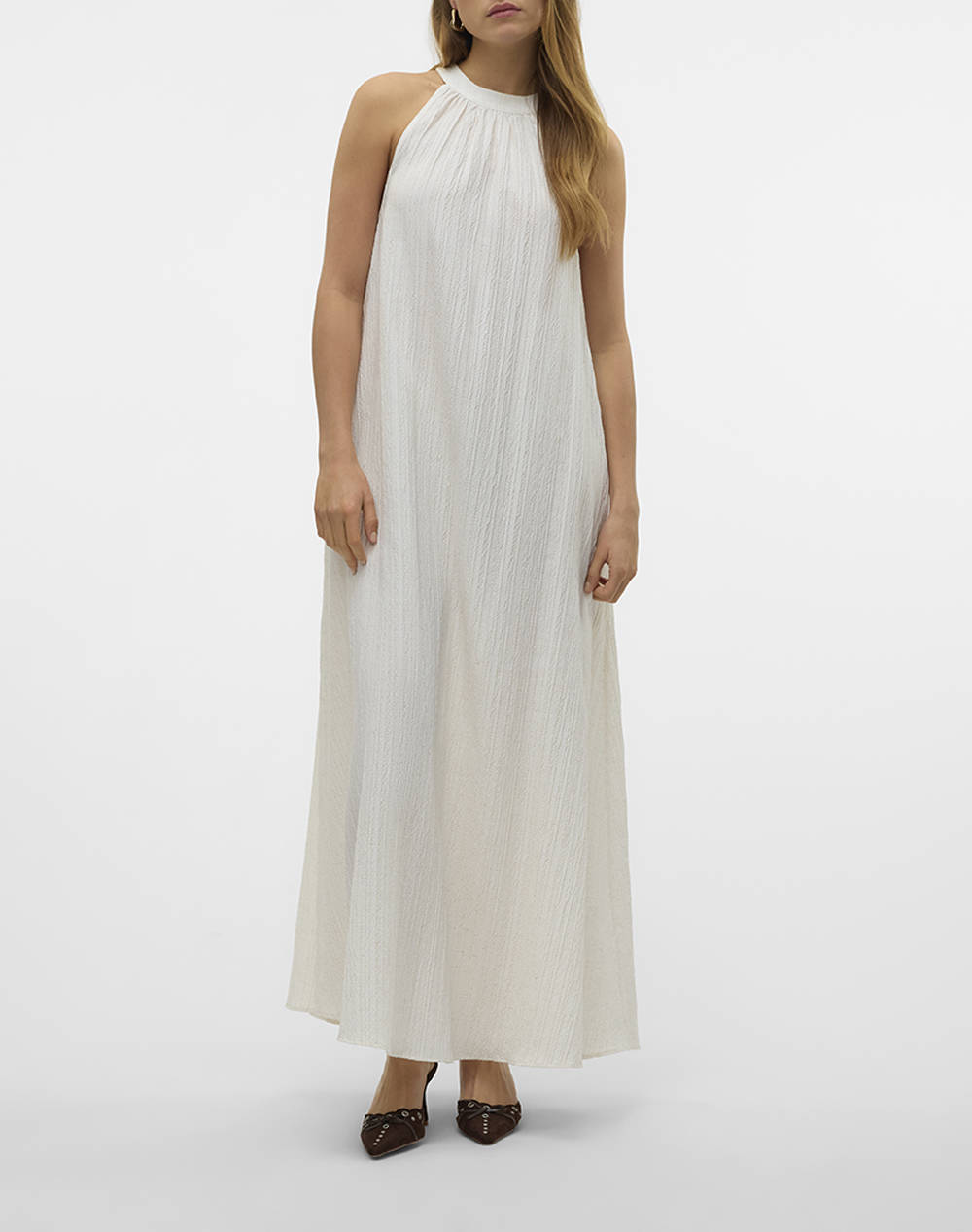Aware By Vero Moda Vmricki Sl Halter Neck Long Dress Vma Women Clothes Dresses Offwhite Viscose,Linen,Elastic,Synthetic 10328619 Snow White Female