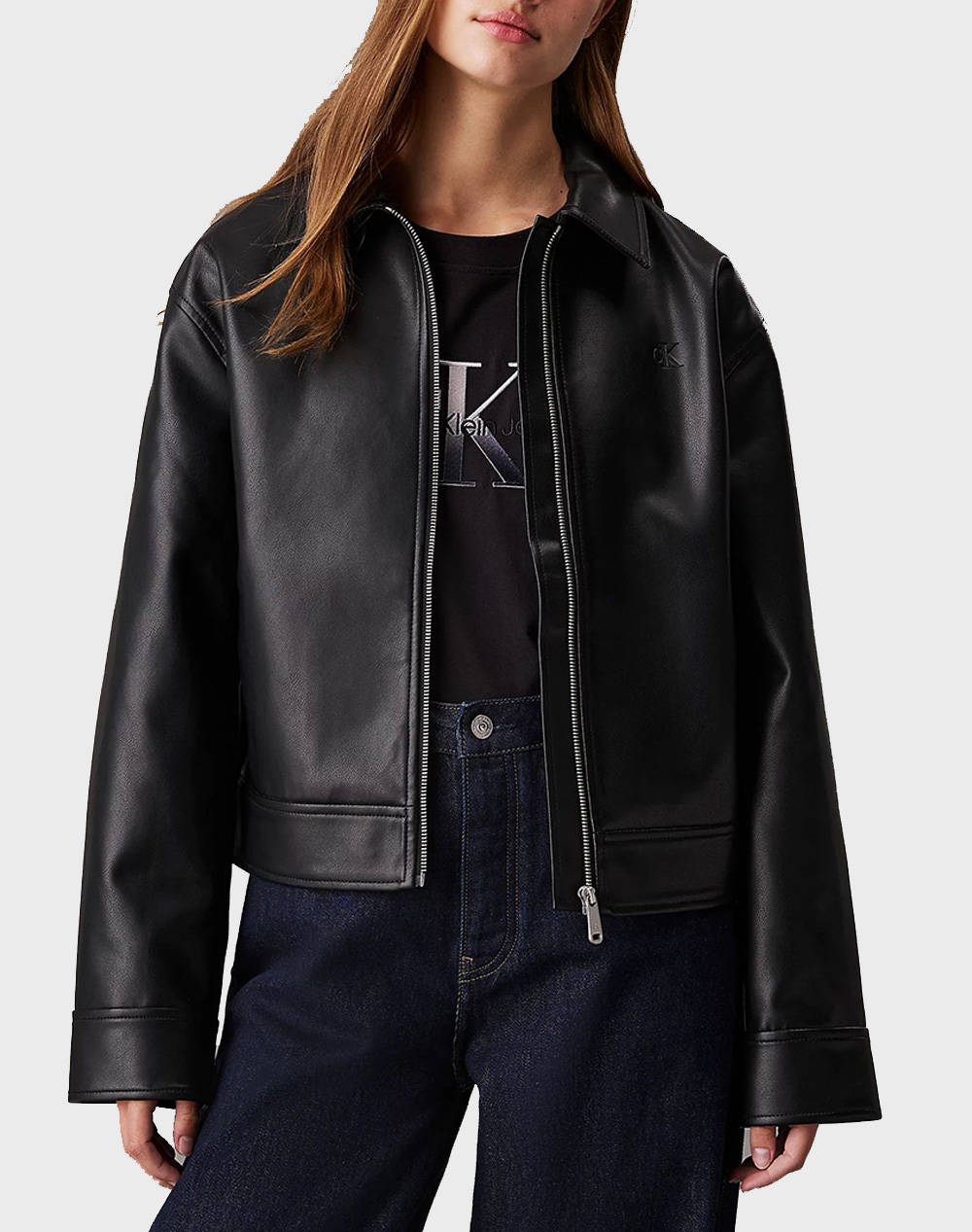 Calvin Klein Jeans Faux Leather Zipped Jacket Women Clothes Outerwear Outerwear Jackets Black Synthetic J20J224709 Beh Female Jackets Black