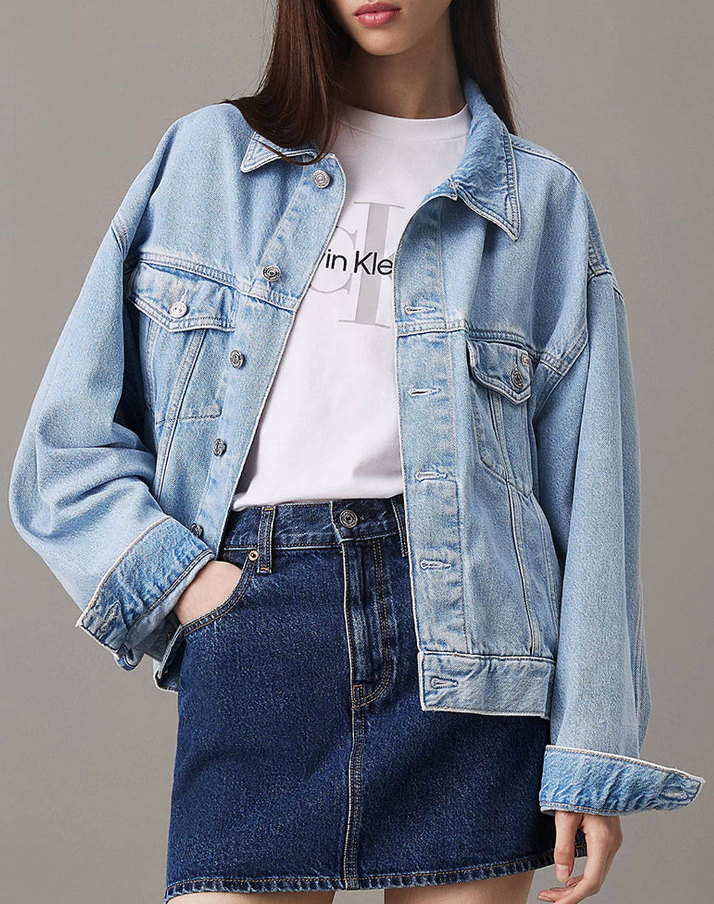 Calvin Klein Jeans Boxy Denim Jacket Women Clothes Outerwear Outerwear Jackets Denimlightblue Cotton J20J224548 1A4 Female Jackets Blue
