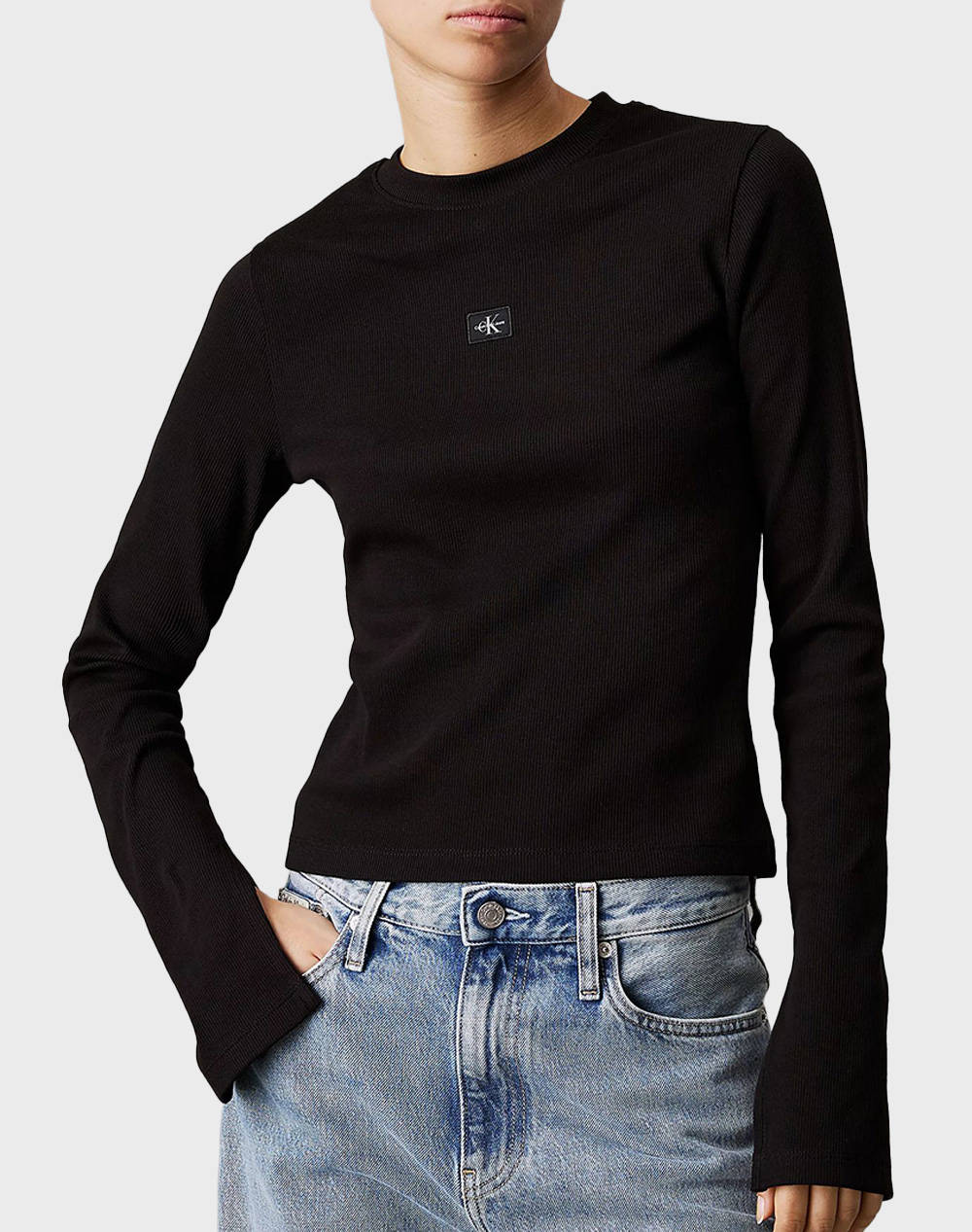 Calvin Klein Jeans Woven Label Rib Ls Top Women Clothes Tops T Shirts Black Cotton,Elastic J20J224760 Beh Female T-Shirts Black