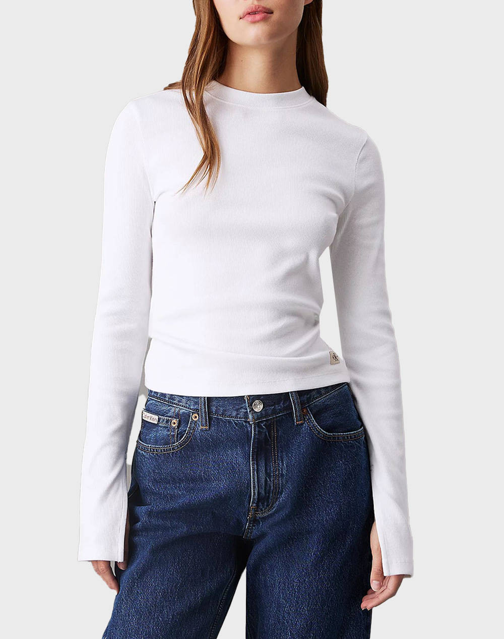 Calvin Klein Jeans Woven Label Rib Ls Top Women Clothes Tops T Shirts White Cotton,Elastic J20J224760 Yaf Female T-Shirts