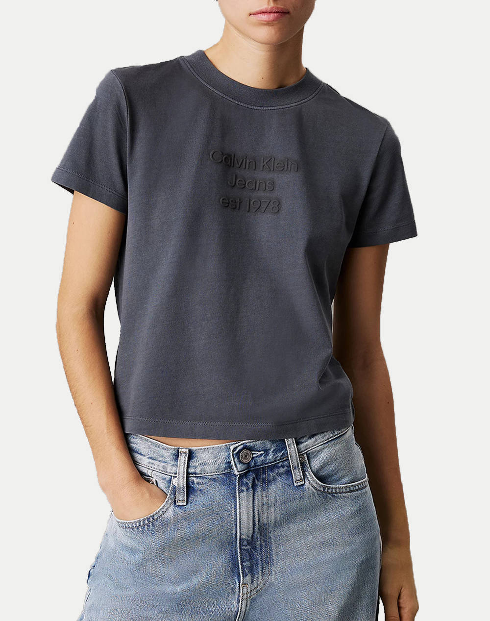 Calvin Klein Jeans Washed Puff Print Baby Tee Women Clothes Tops T Shirts Darkslategrey Cotton J20J224988 Pt2 Female T-Shirts