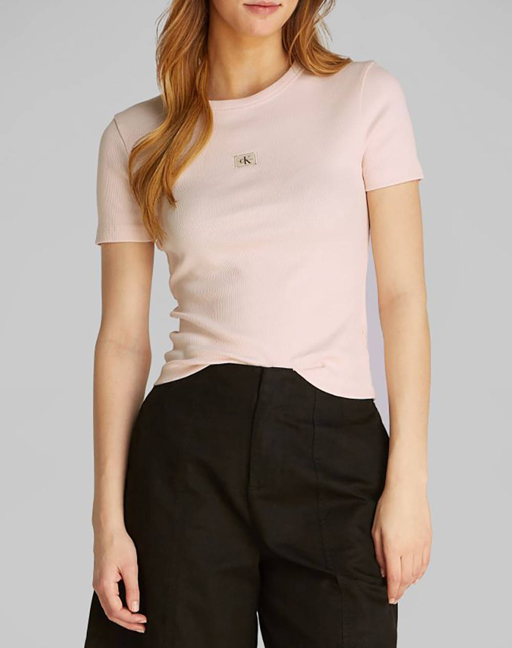 Calvin Klein Jeans Woven Label Rib Fitted Tee Women Clothes Tops T Shirts Coral Cotton,Elastic J20J225245 Tge Female T-Shirts