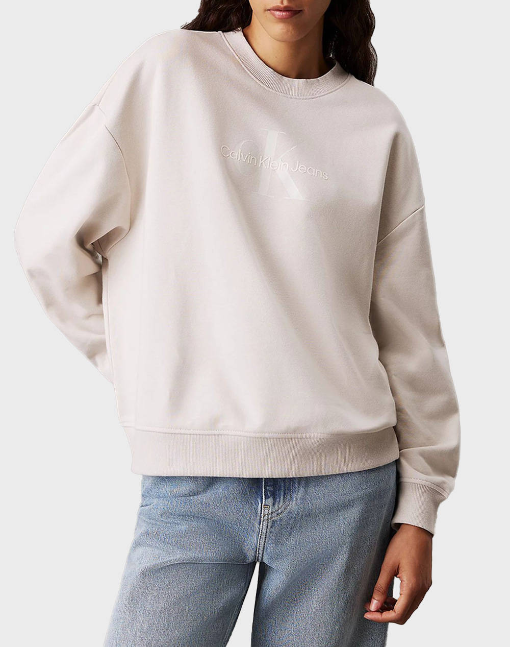 Calvin Klein Jeans Glossy Monologo Regular Crewneck Women Clothes Tops Sweatshirts Ecru Cotton J20J224724 Pdh Female Sweatshirts