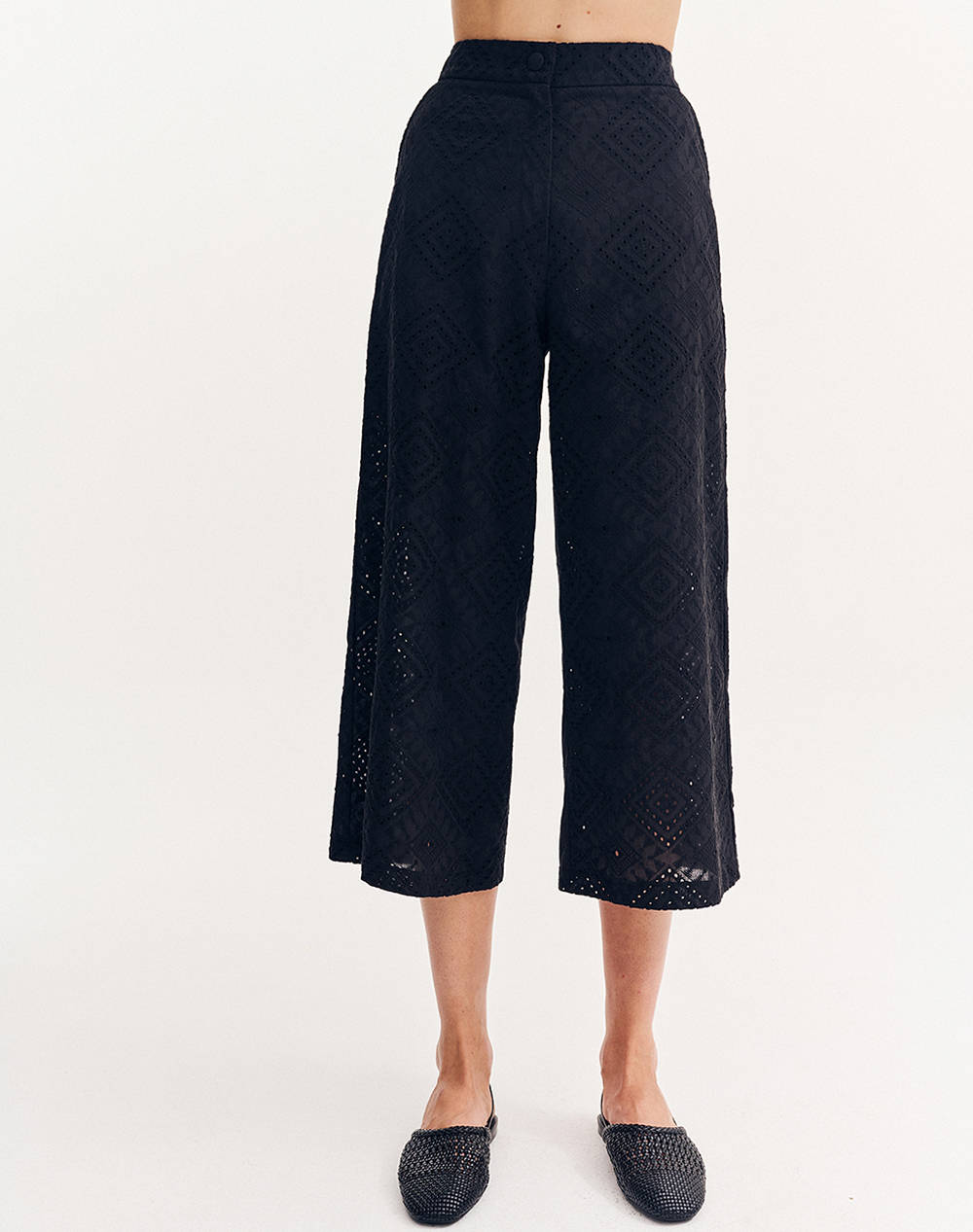 Forel Culottes With Perforated Patterns Women Clothes Trousers Fabric Trousers Black Cotton 080.20.01.001 Μαύρο Female Fabric Trousers Black