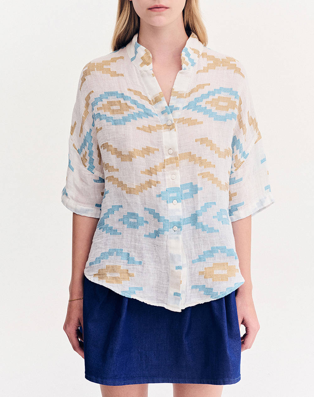 Forel Shirt With Mao Collar On The Loom Case Study Women Clothes Shirts Mixed Cotton,Synthetic 080.80.05.005 Σιελ Female Shirts