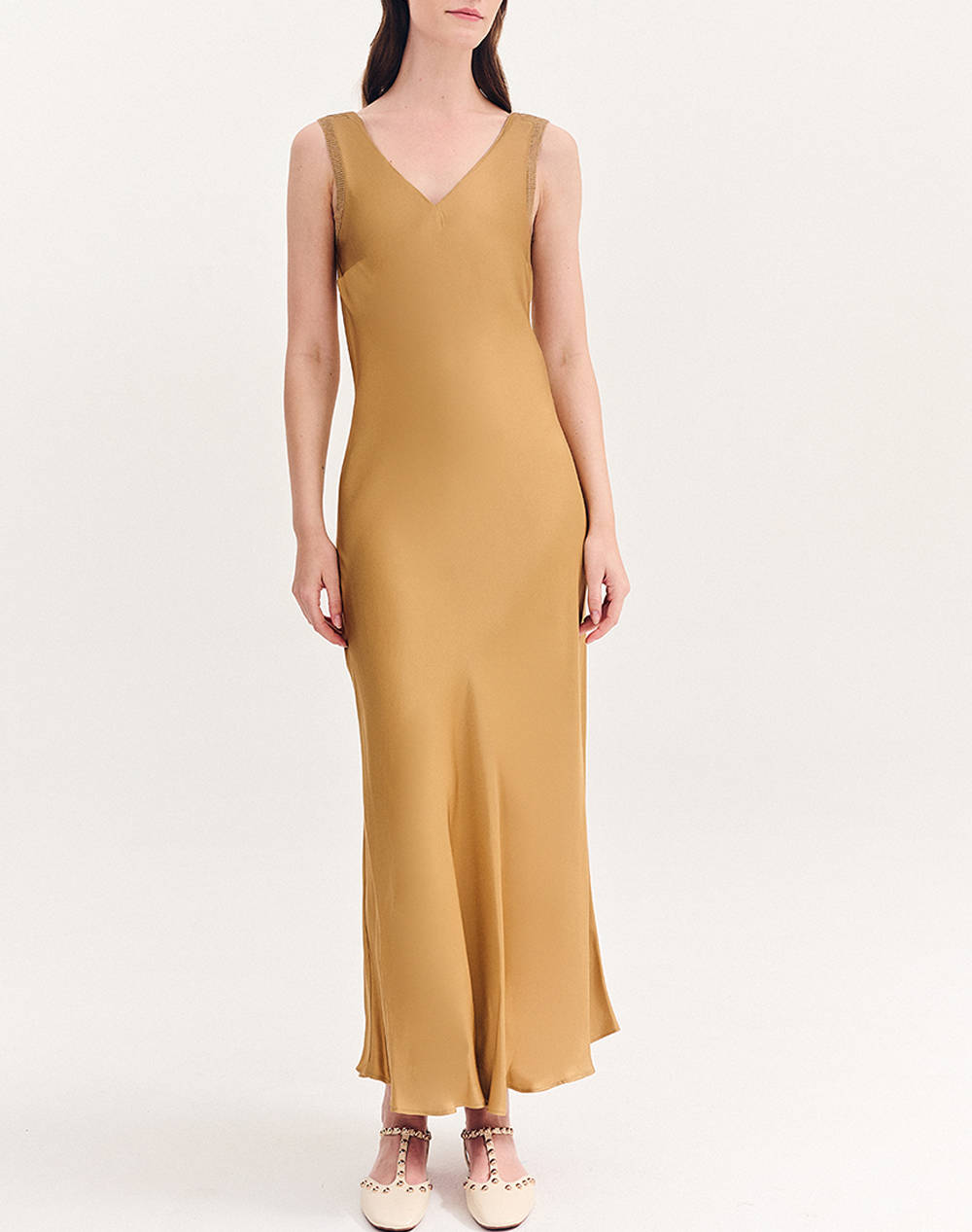 Forel Long Satin Dress With Rips Women Clothes Dresses Gold Viscose,Synthetic 080.50.01.081 Χρυσο Female Dresses Gold