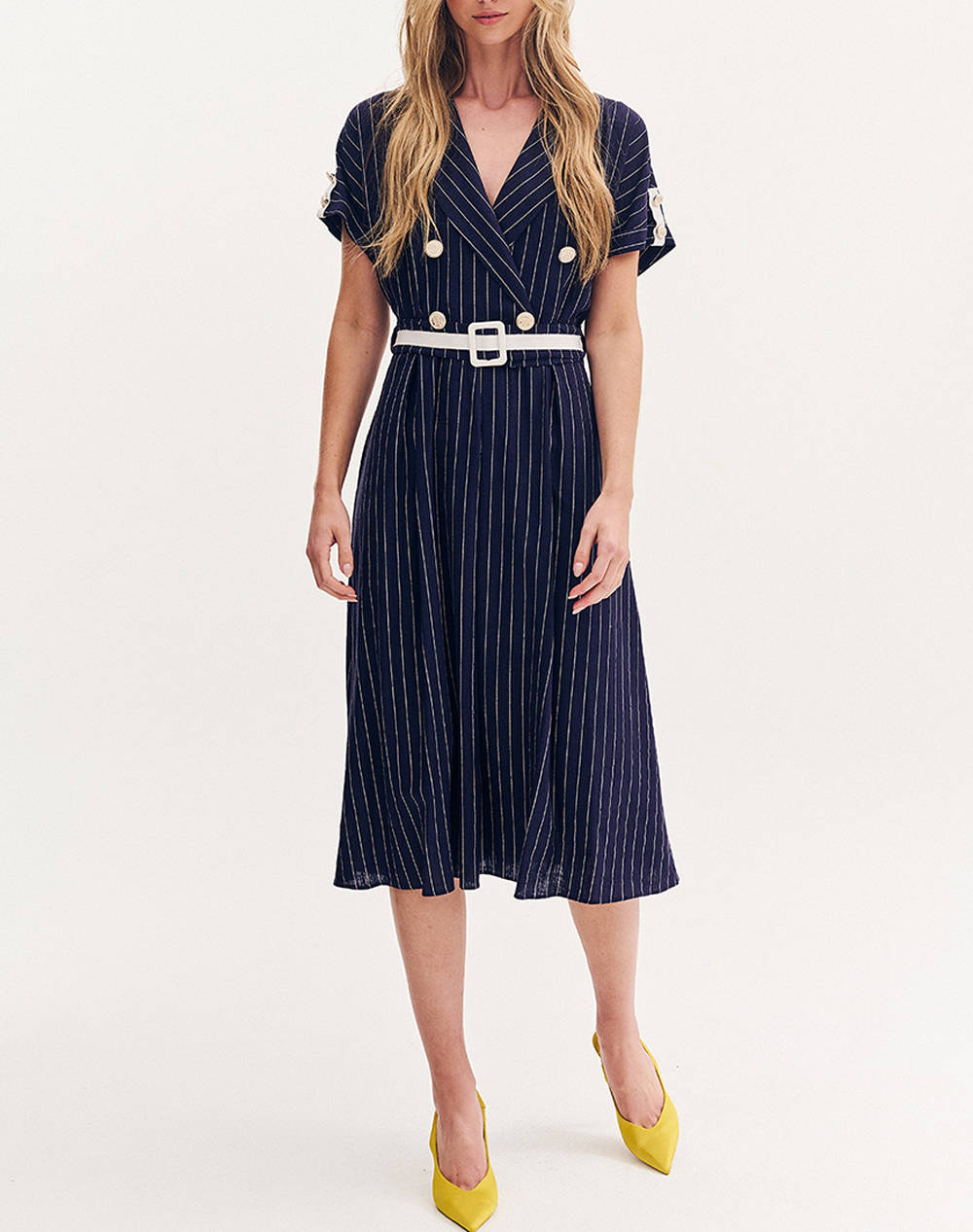 Forel Striped Dress With Collar Women Clothes Dresses Blue Linen,Synthetic 080.50.01.034 Μπλε Female Dresses Blue