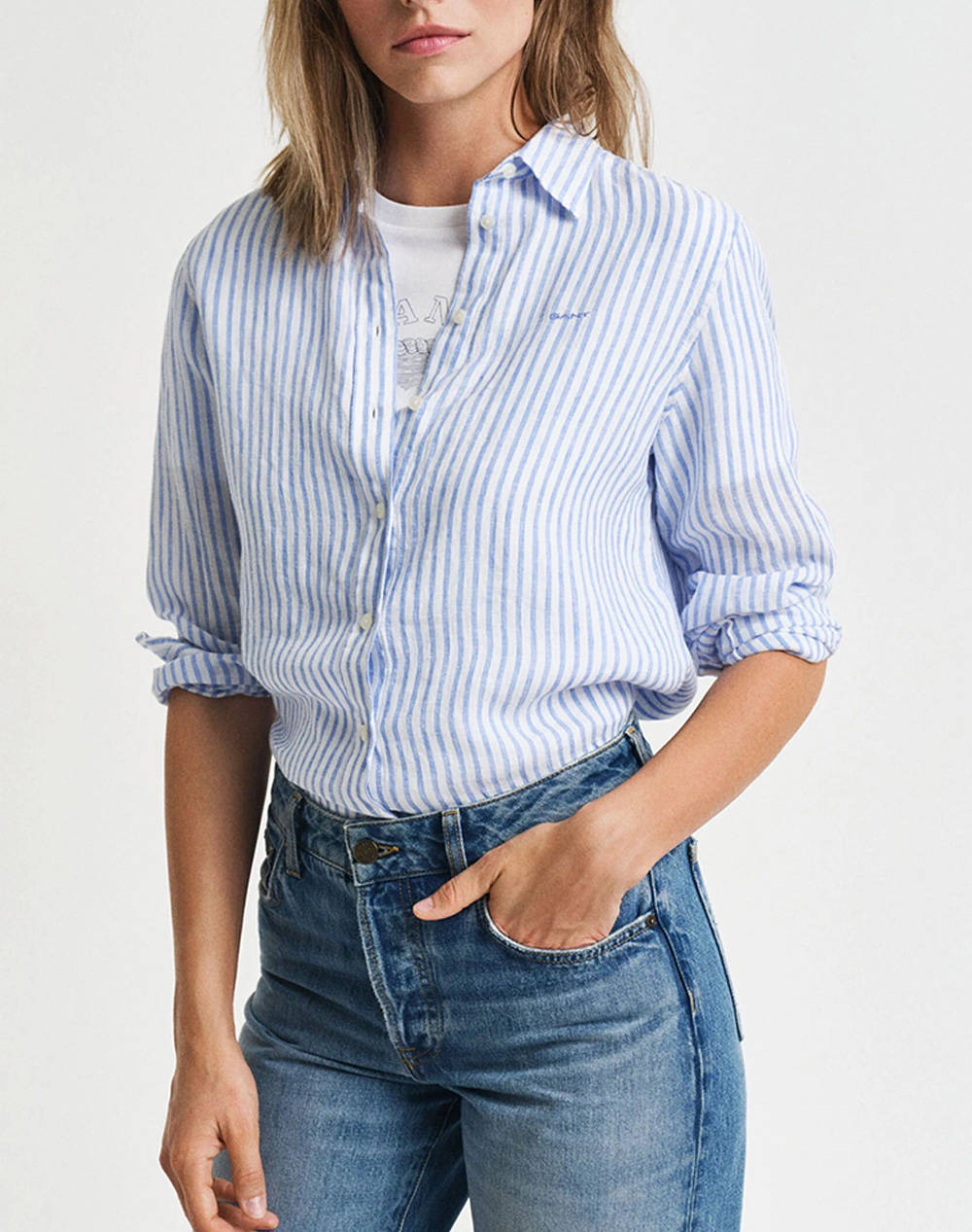 Gant Shirt Ls Reg Linen Striped Shirt Women Clothes Shirts Blue Linen 3Gw4300481 419 Female Shirts Blue