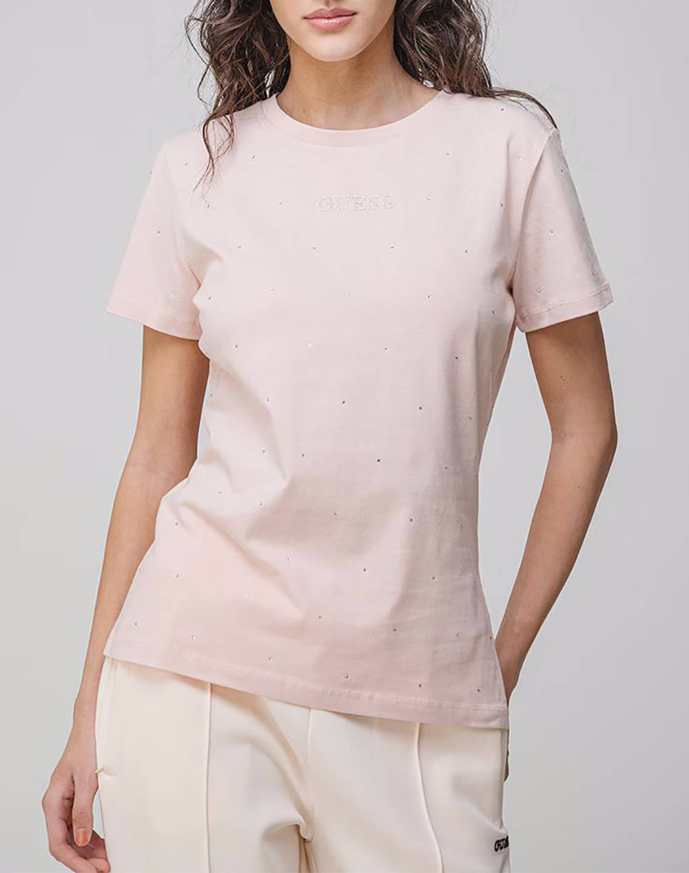 Guess Rhinestones Ss T Shirt Women Women Clothes Tops T Shirts Nude Cotton,Synthetic V5Ri18I3Z14 G6O1 Female T-Shirts