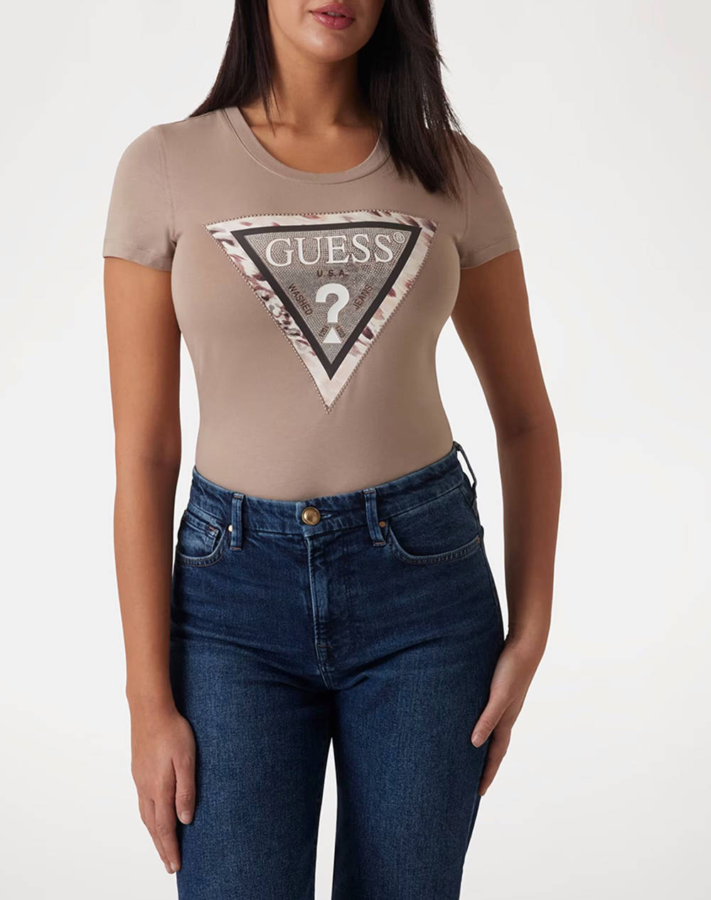 Guess Ss Cn Cheeta Logo Triangle Tee Women''S T Shirt Women Clothes Tops T Shirts Biege Cotton,Elastic W5Ri22J1314 A10L Female T-Shirts Biege