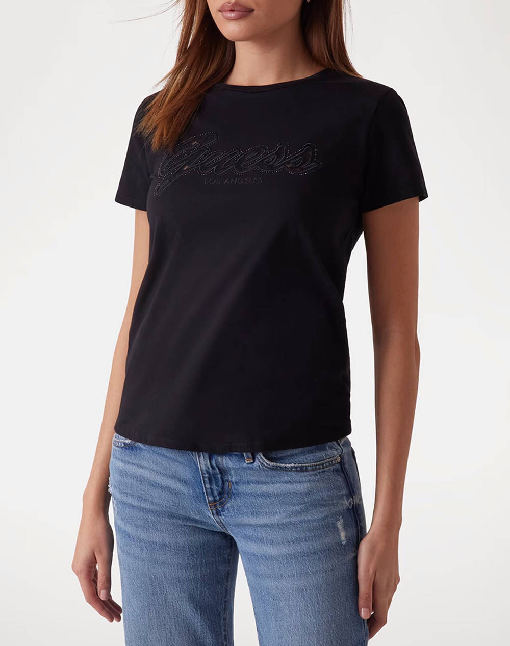 Guess Ss Script Lace Logo Easy Tee Women''S T Shirt Women Clothes Tops T Shirts Black Cotton W5Ri08K9Rm1 Jblk Female T-Shirts Black