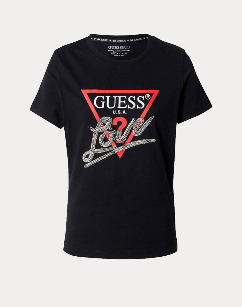 Guess Ss Cn Triangle Love Tee Women''S Shirt Women Clothes Tops T Shirts Black Cotton W5Ri10I3Z14 Jblk Female T-Shirts Black