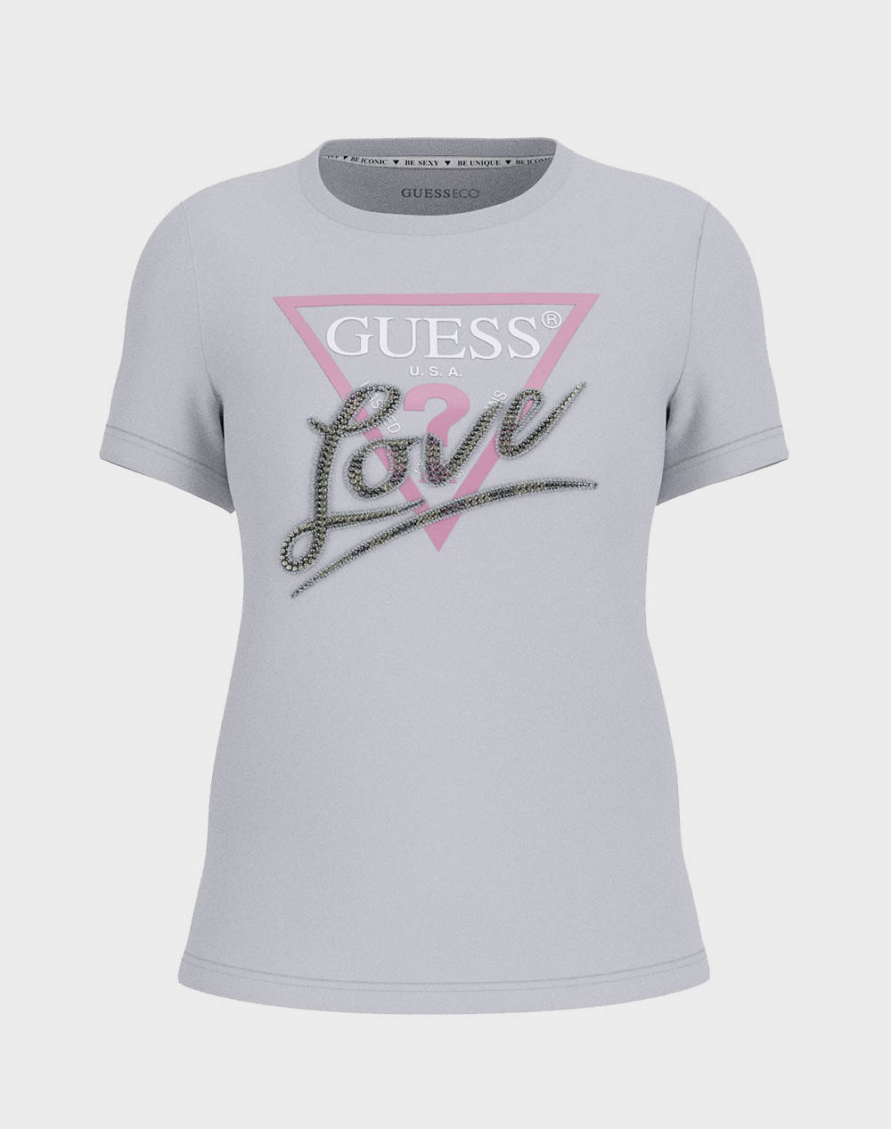 Guess Ss Cn Triangle Love Tee Women''S Shirt Women Clothes Tops T Shirts Lightgray Cotton W5Ri10I3Z14 G9C2 Female T-Shirts